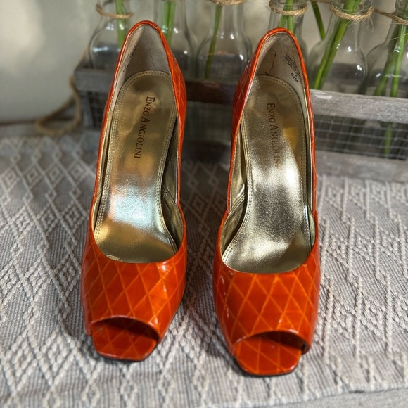 Enzo Angiolino’s ‘Eagemma’ Vibrant Orange Diamond Peep Toe‎ Heels - Size 5 1/2 M - Picture 2 of 13